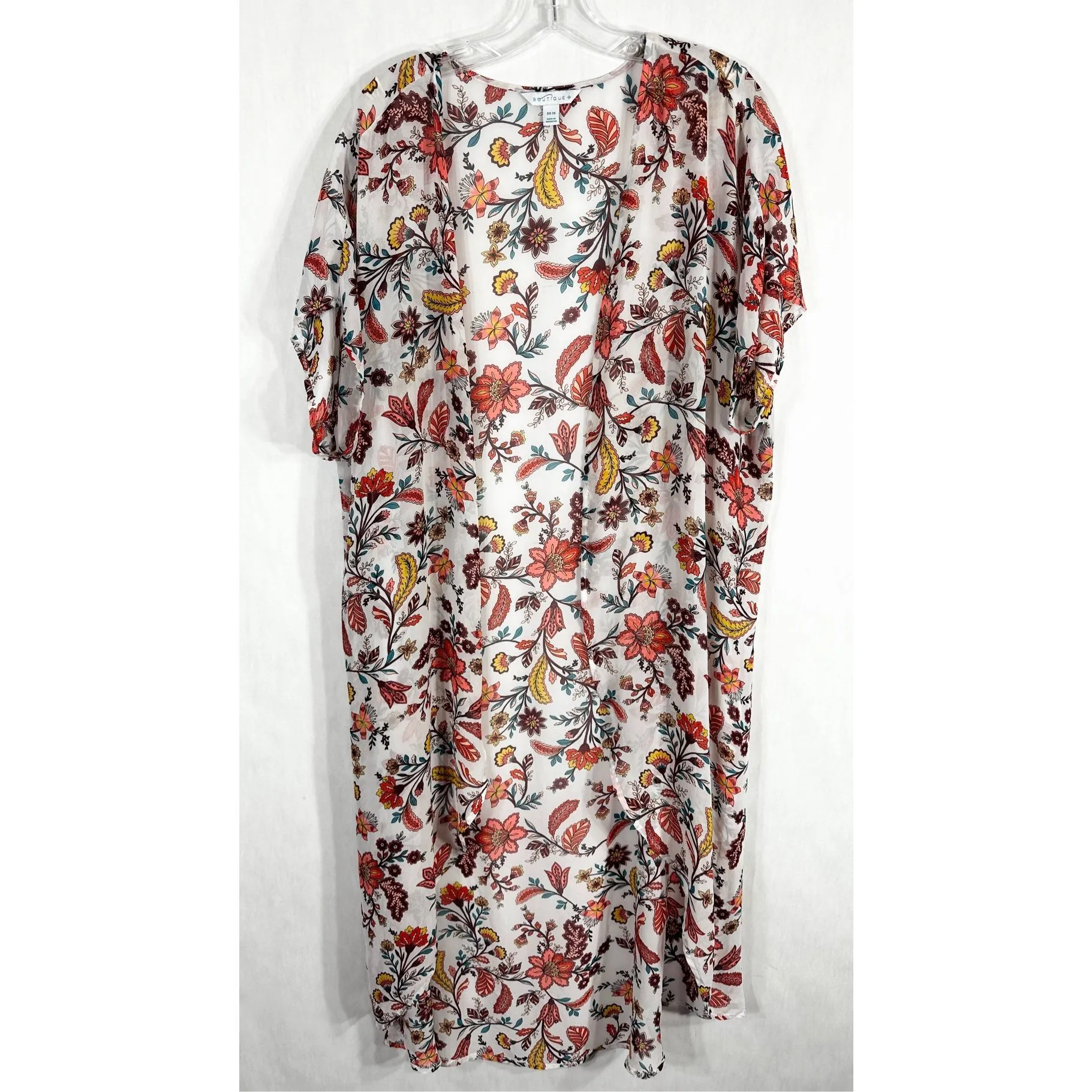Boutique Plus Size 1X Kimono Floral White Peach Open Front Long Chiffon 857 - Image 3