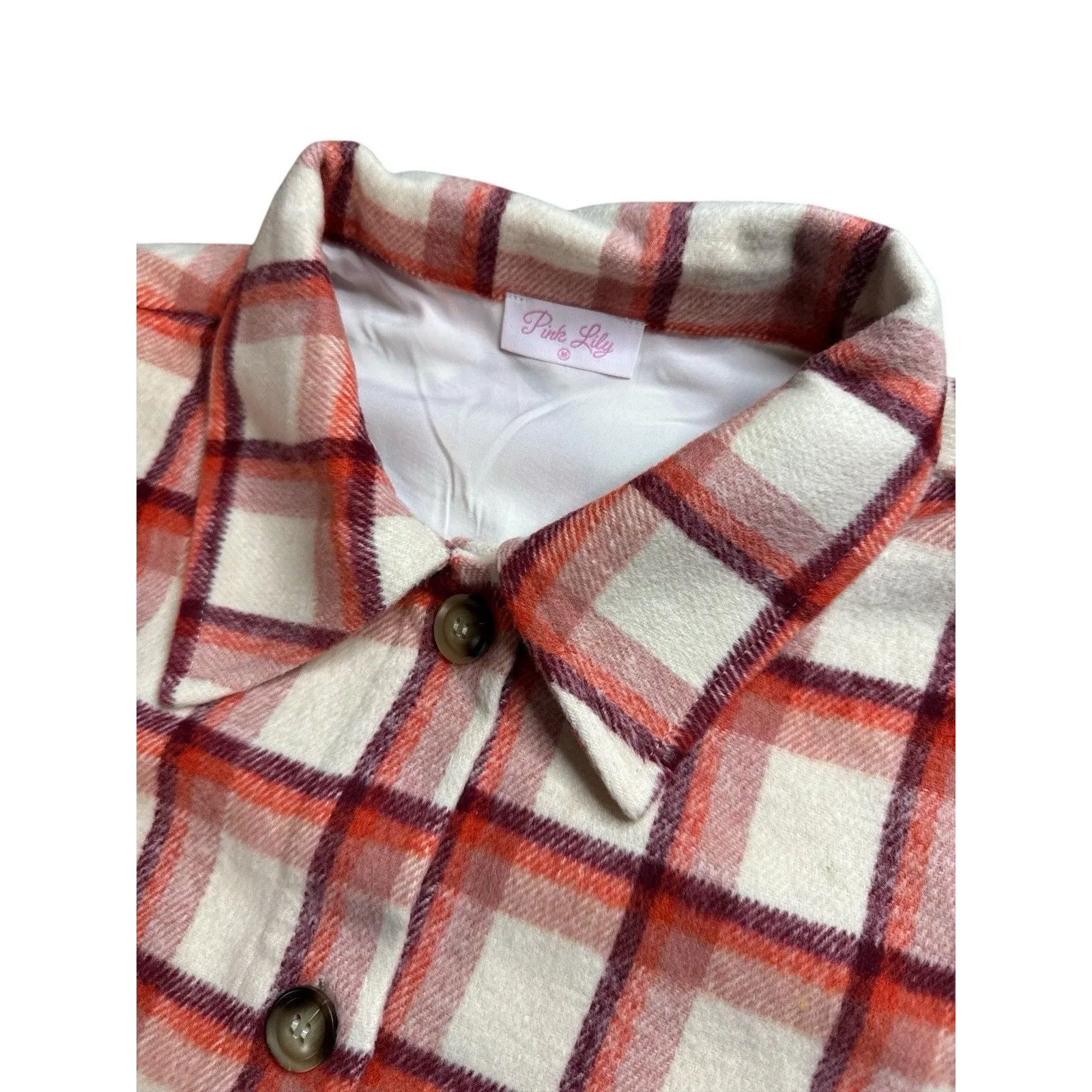 Pink Lily Plaid Flannel Shacket Jacket Cream Burgundy Plaid Button Front Lined M - Image 3