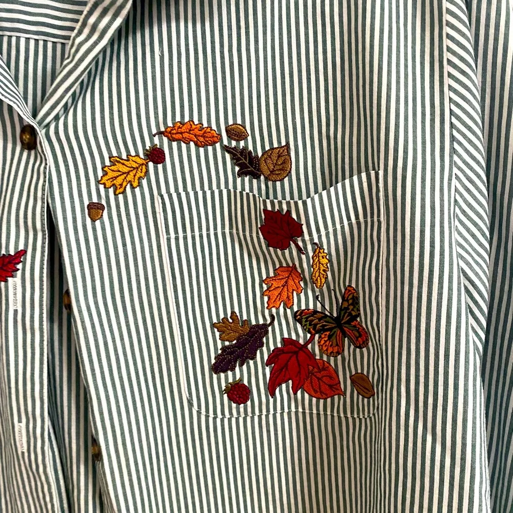 Embroidered Gray/White Striped  Button Down Blouse fall embroidered pattern L - Image 3
