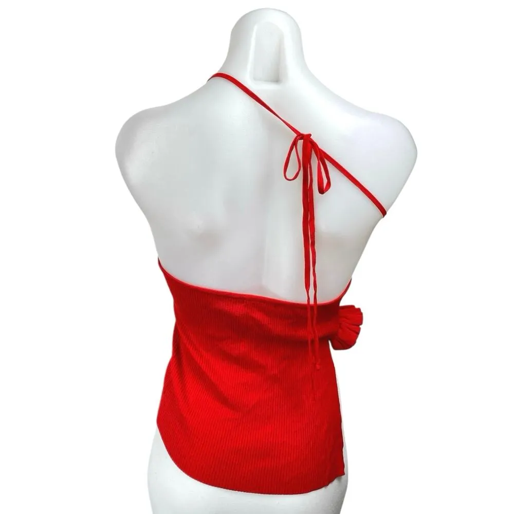 NIA Marais Red Ribbed Knit One Shoulder 3D Floral Sleeveless Cami Blouse Top M Size M - Image 2
