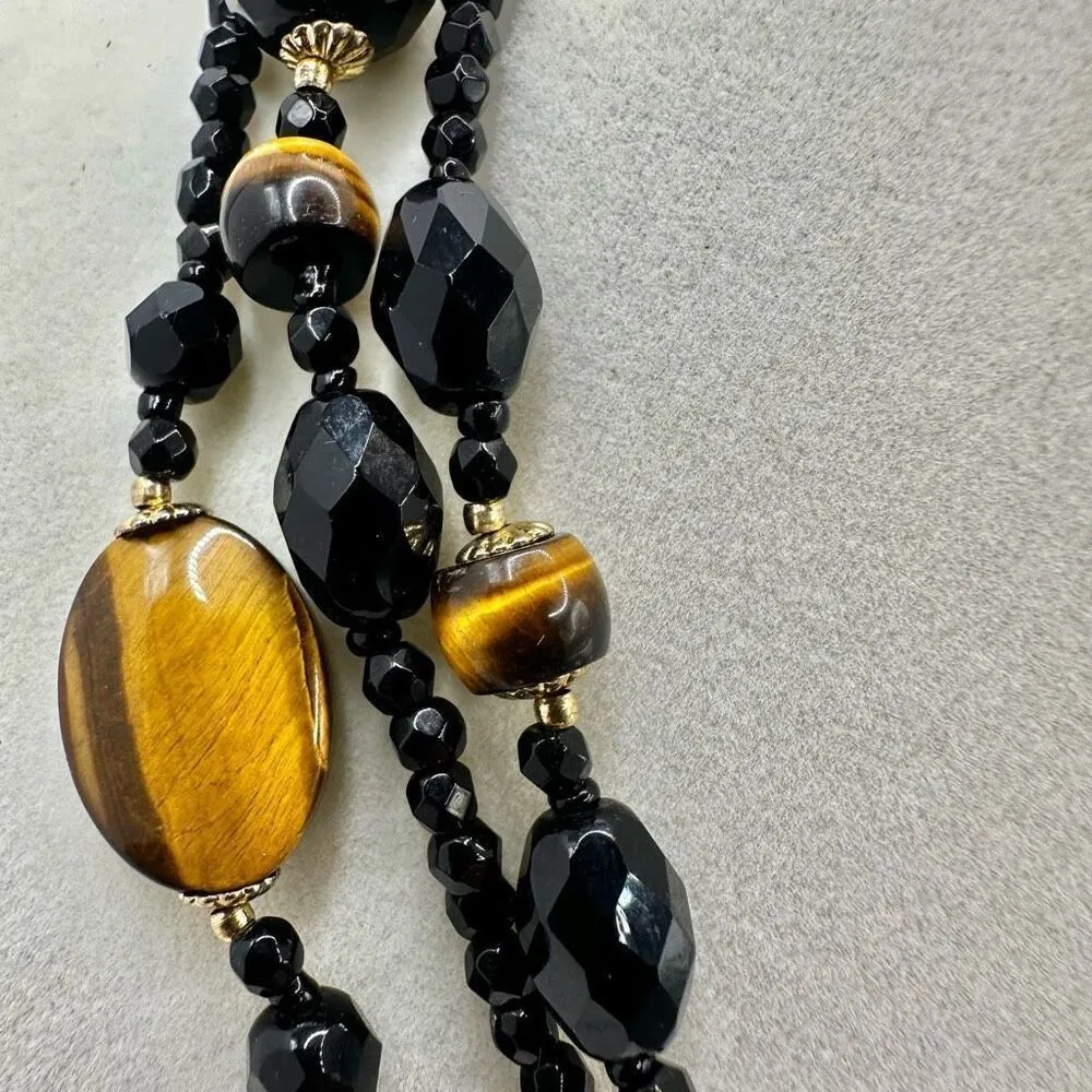 Obsidian and tigers eye long beaded necklace Black - Image 6