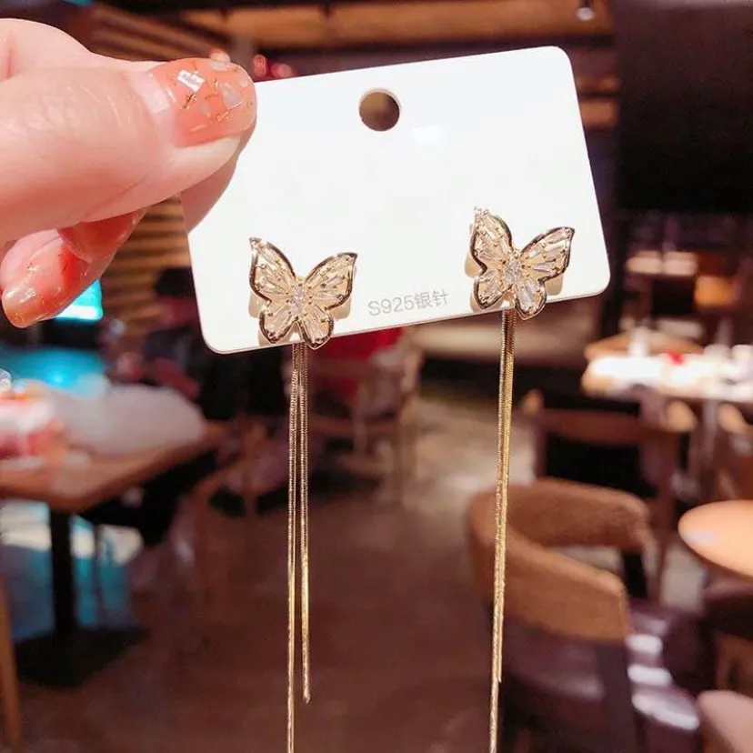 Women’s Crystal Butterfly Tassel Dangle Drop Earrings Gold - Image 2