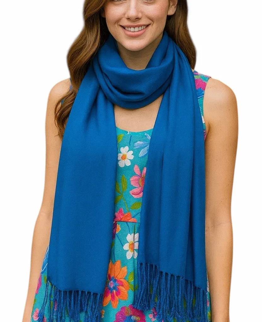 Women’s Bundle 3 Oblong Scarfs Solid Color Fringe Pink Peacock Blue Hot Pink - Image 1