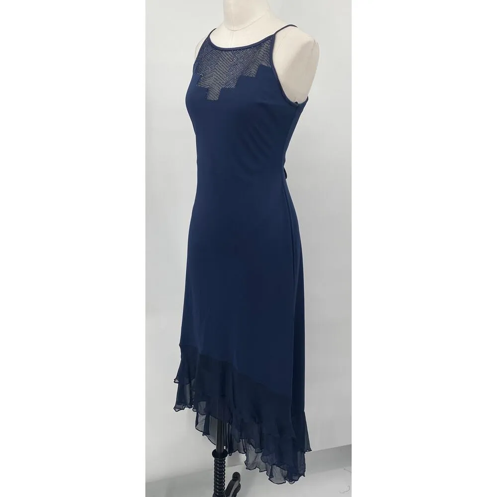 Vintage 90s Dress Beaded Neckline Corset Lace Up Back High Low Hem Navy Blue XS - Image 5