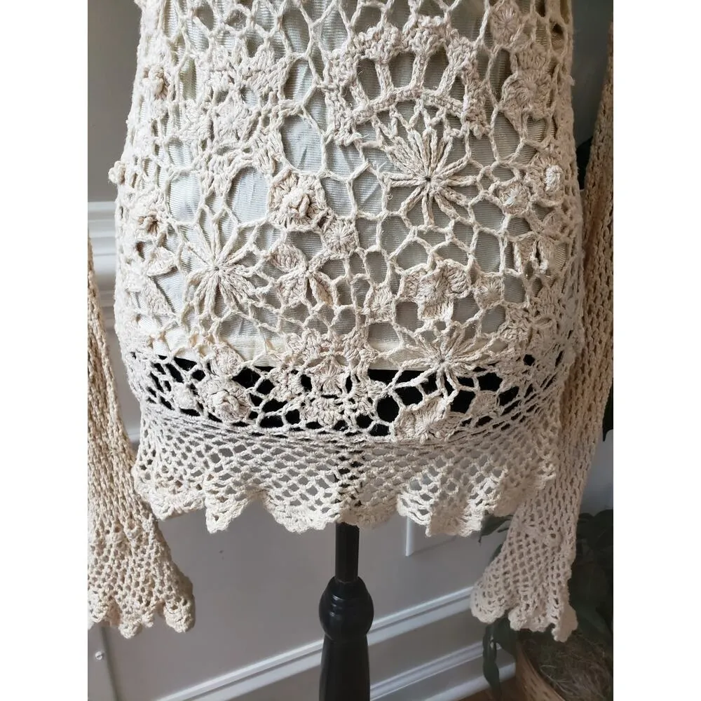 Shape FX Sweater Womens XL Ivory Crochet Lace Lined Ramie Long Sleeve Scoop Neck - Image 11