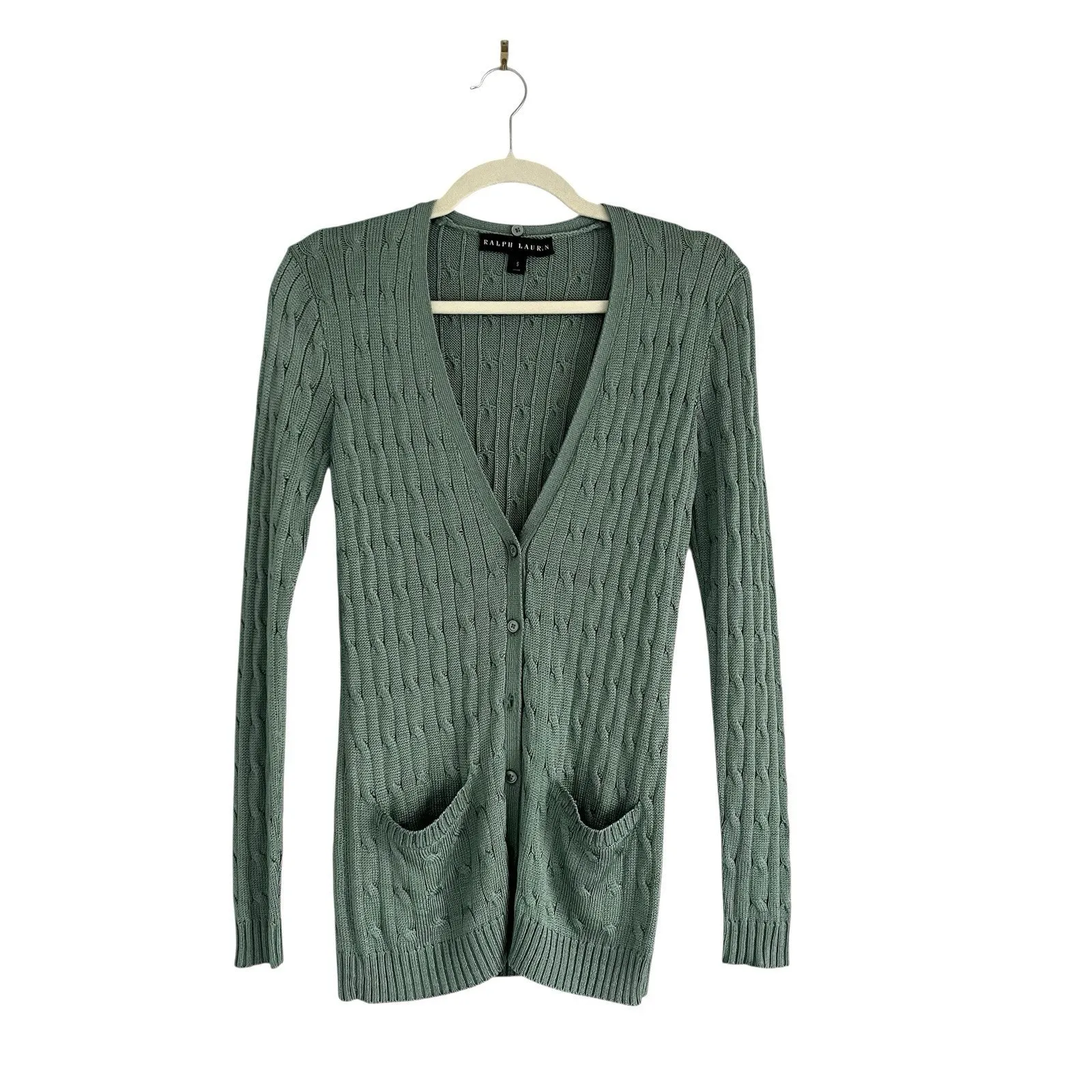 Ralph Lauren Black Label Cable Knit Silk Cardigan Green Sz Small chic Sweater - Image 5