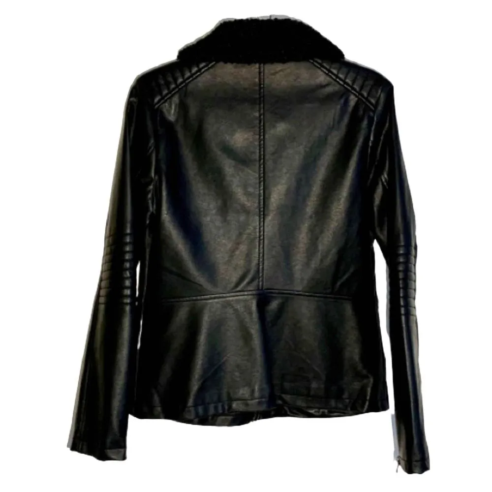 JustFab Moto Jacket Black Faux Leather Zipper Accents Bomber Jacket Size Medium - Image 2