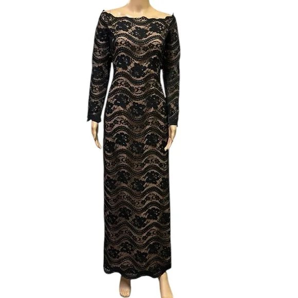 Victor Costa Black Lace Overlay Illusion Off Shoulder Long Sleeve Gown Dress 18 - Image 2