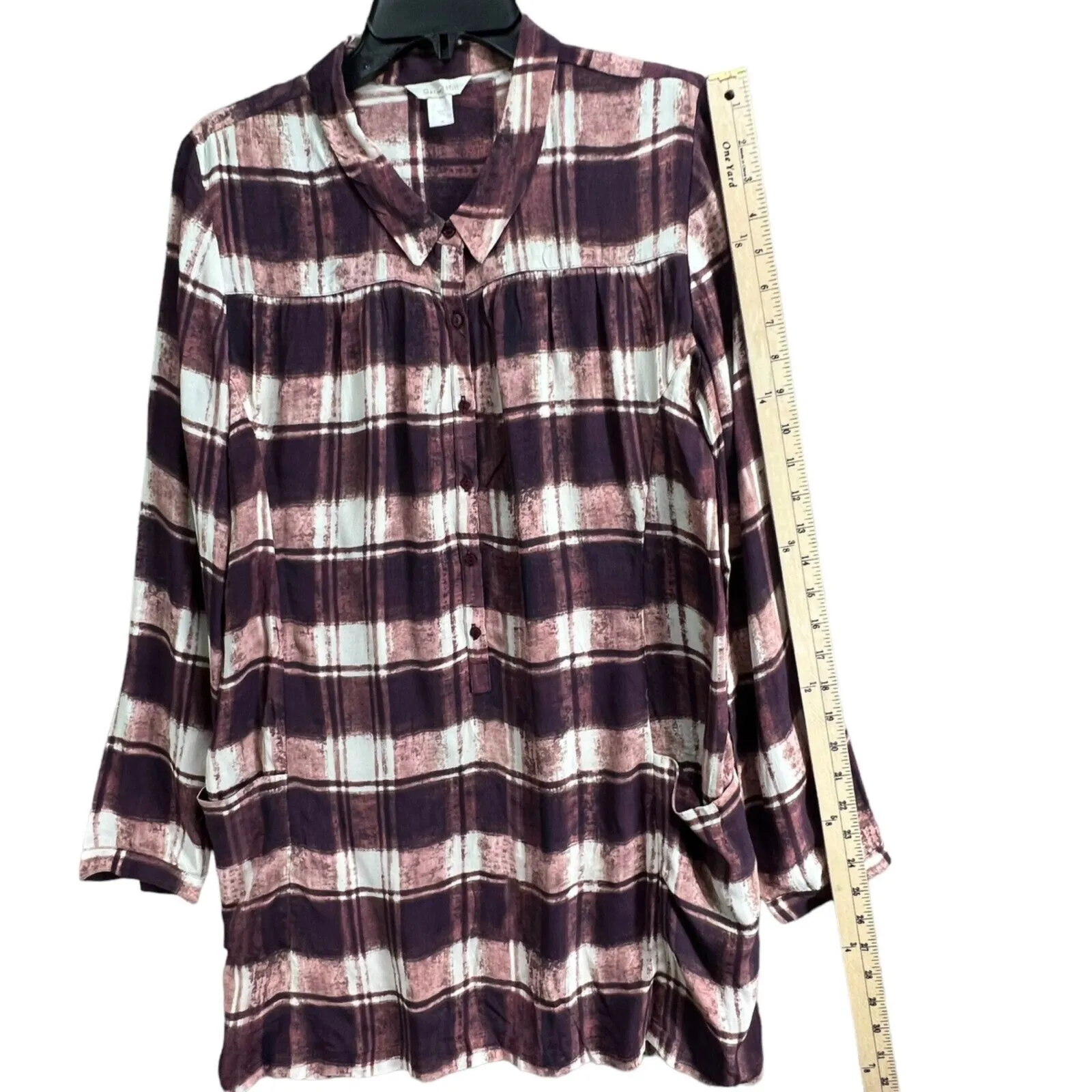 Garnet Hill Tunic Top Women 6 Purple Plaid Crepe Popover Shirt Casual Cottage - Image 11