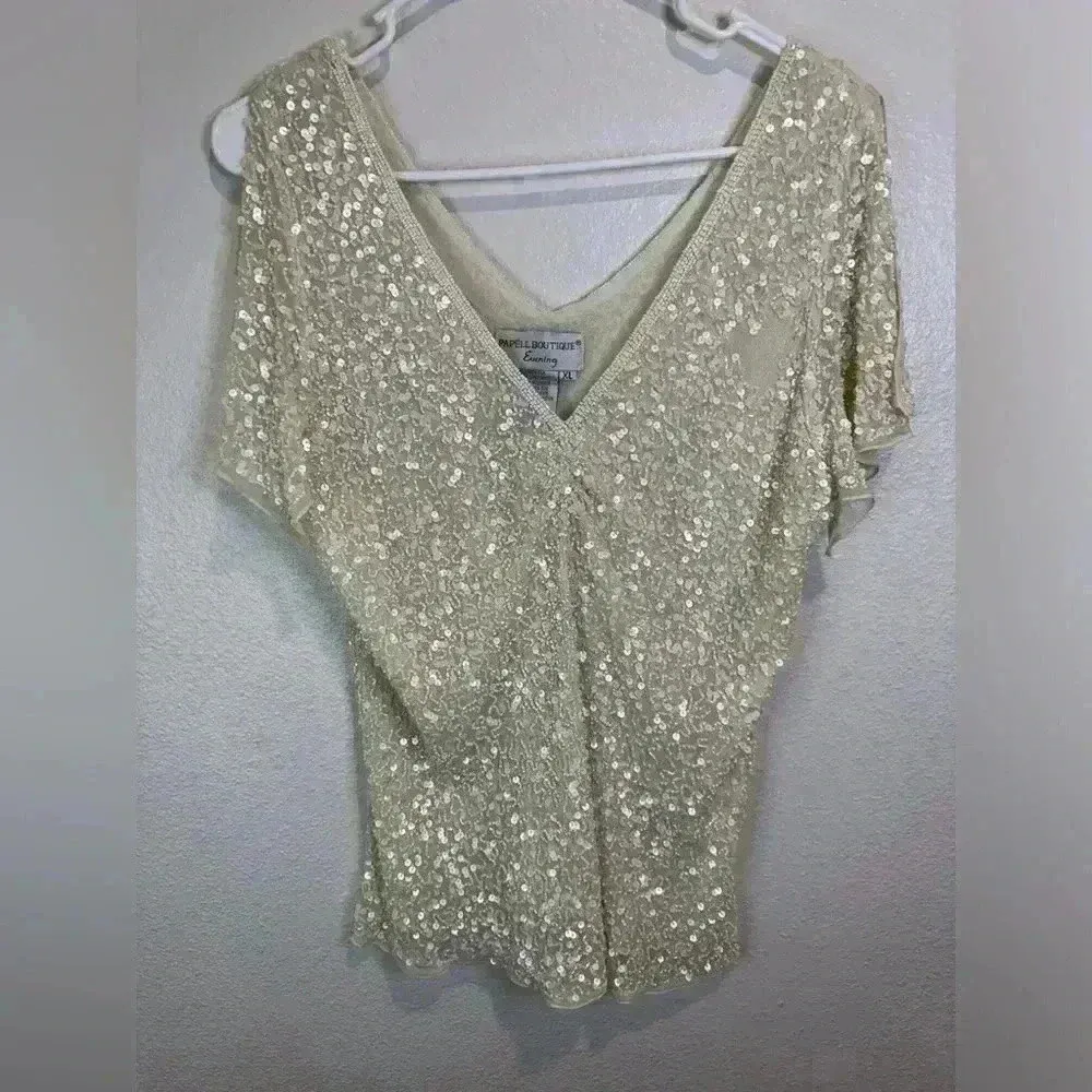 Vintage Papell Boutique Women’s Sequin Beaded Split Flutter Sleeve Silk Blouse - Image 2