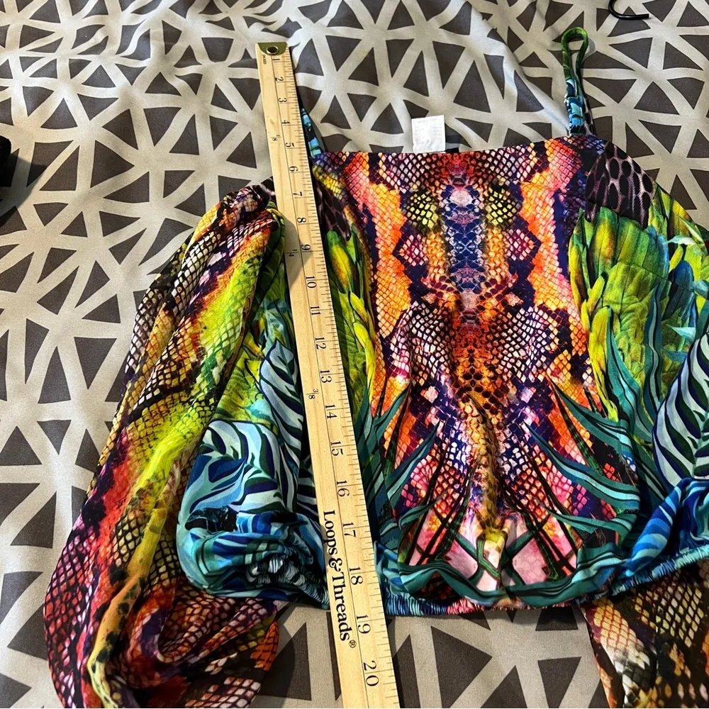 Venus Multicolor Mixed Prints Snake Leaf Feathers Sheer Sleeve Cold Shoulder Top - Image 12