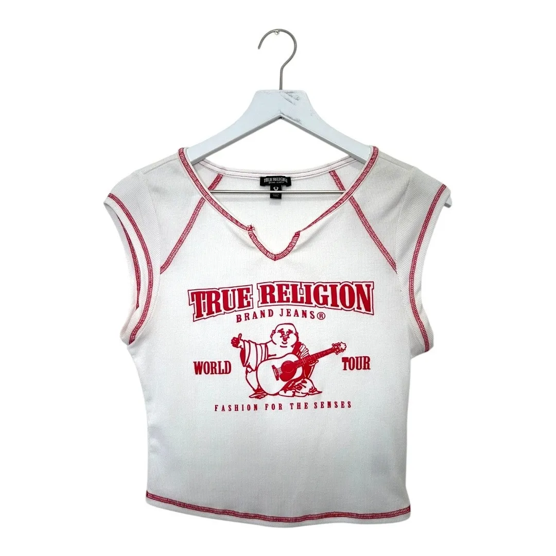 True Religion Brand Jeans World Tour Baby Tee White Red Size Medium - Image 2