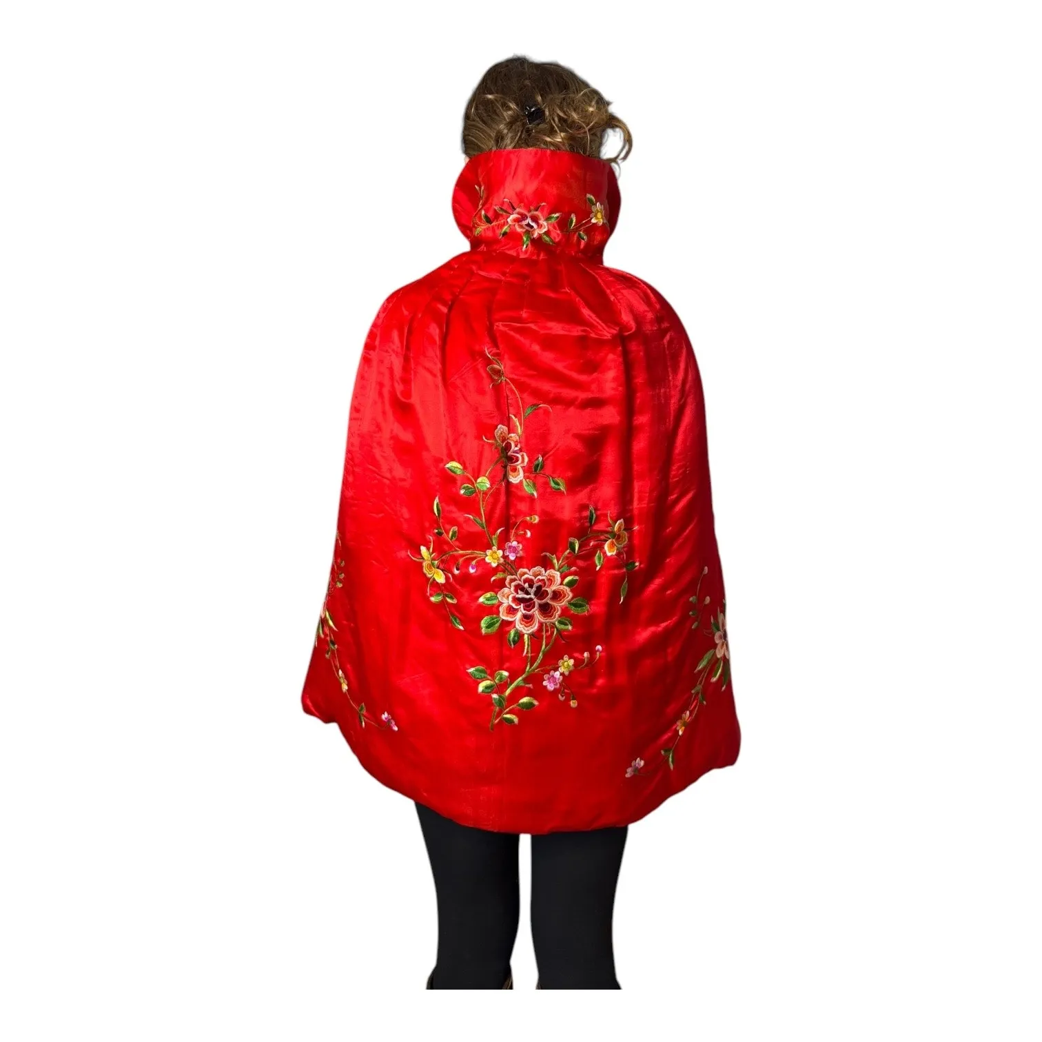 Vintage Red Silk Embroidered Padded Cape with Floral Satin Stitch Detail small - Image 2