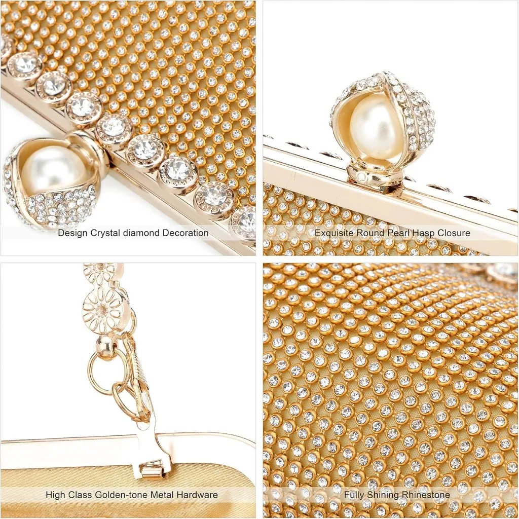 ⚡ Women's Evening Rhinestones Envelope Style Chain Strap Gold Clutch Handbag - Image 5