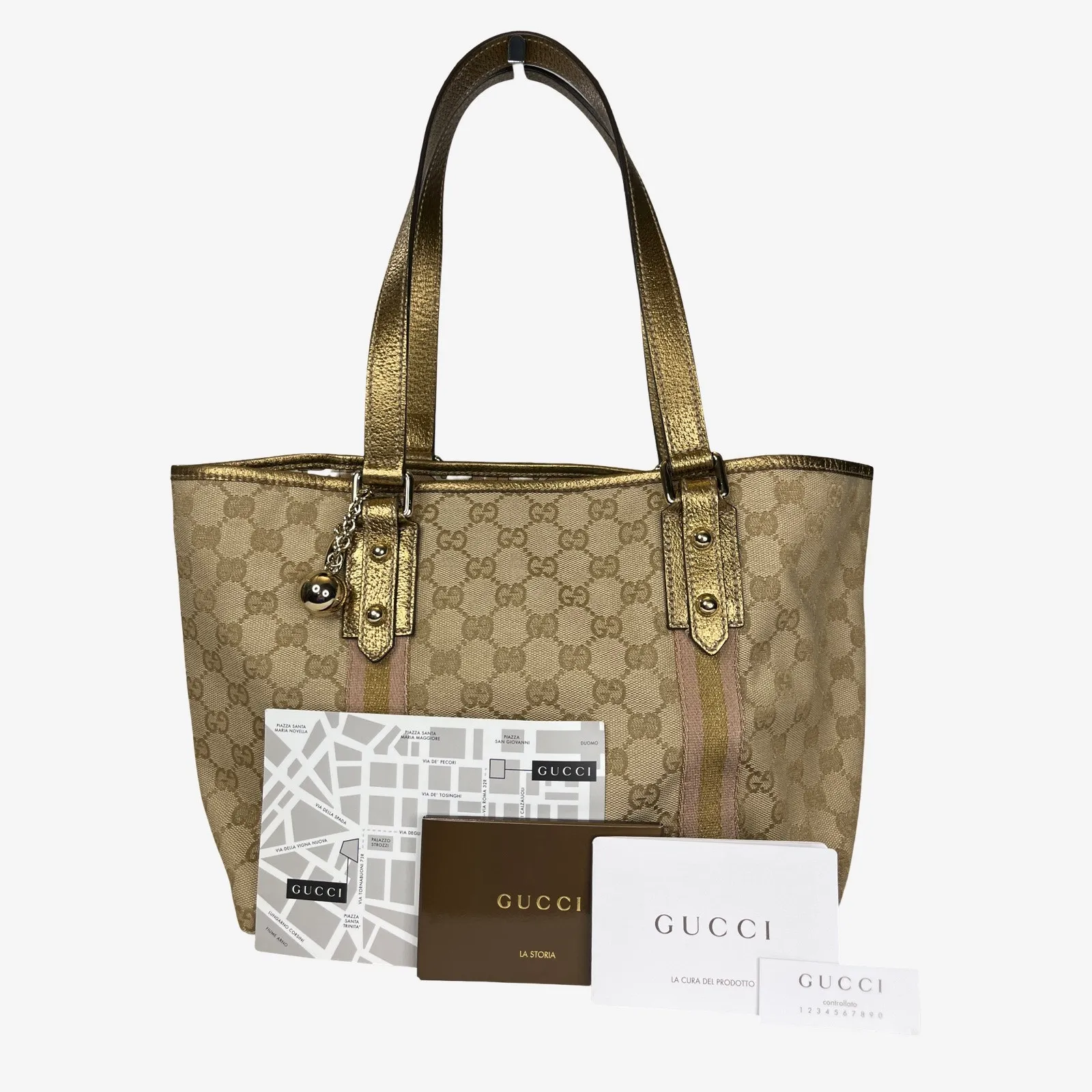 Gucci GG Canvas Gold Leather Trim Tote 137396 002404 with Charm & Cards - Image 7