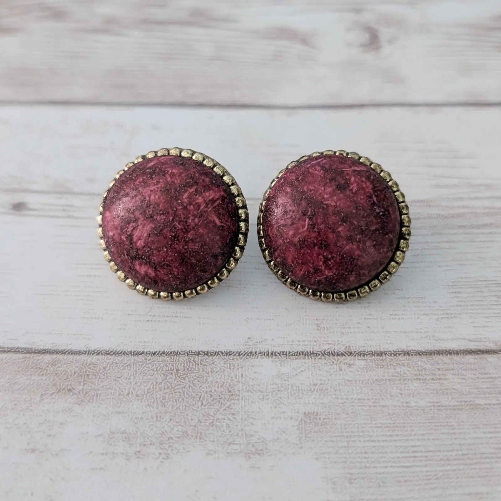 Vintage Clip On Earrings 1" Patterned Deep Red with Halo - Image 3