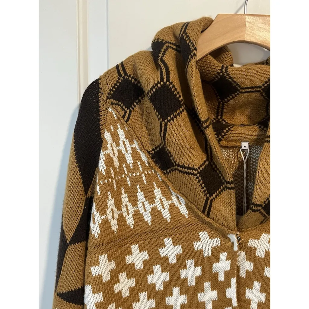 Hooded Sweater Geometric Knit Womens Size Medium Brown White Pull Over Cowl Neck - Image 2