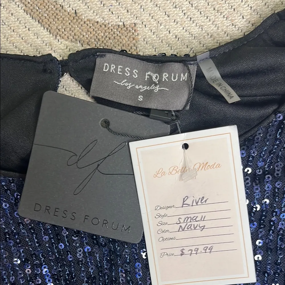 Dress Forum Navy Sequin Balloon Sleeve Contrasting satin Belt,keyhole Back Dress - Image 6