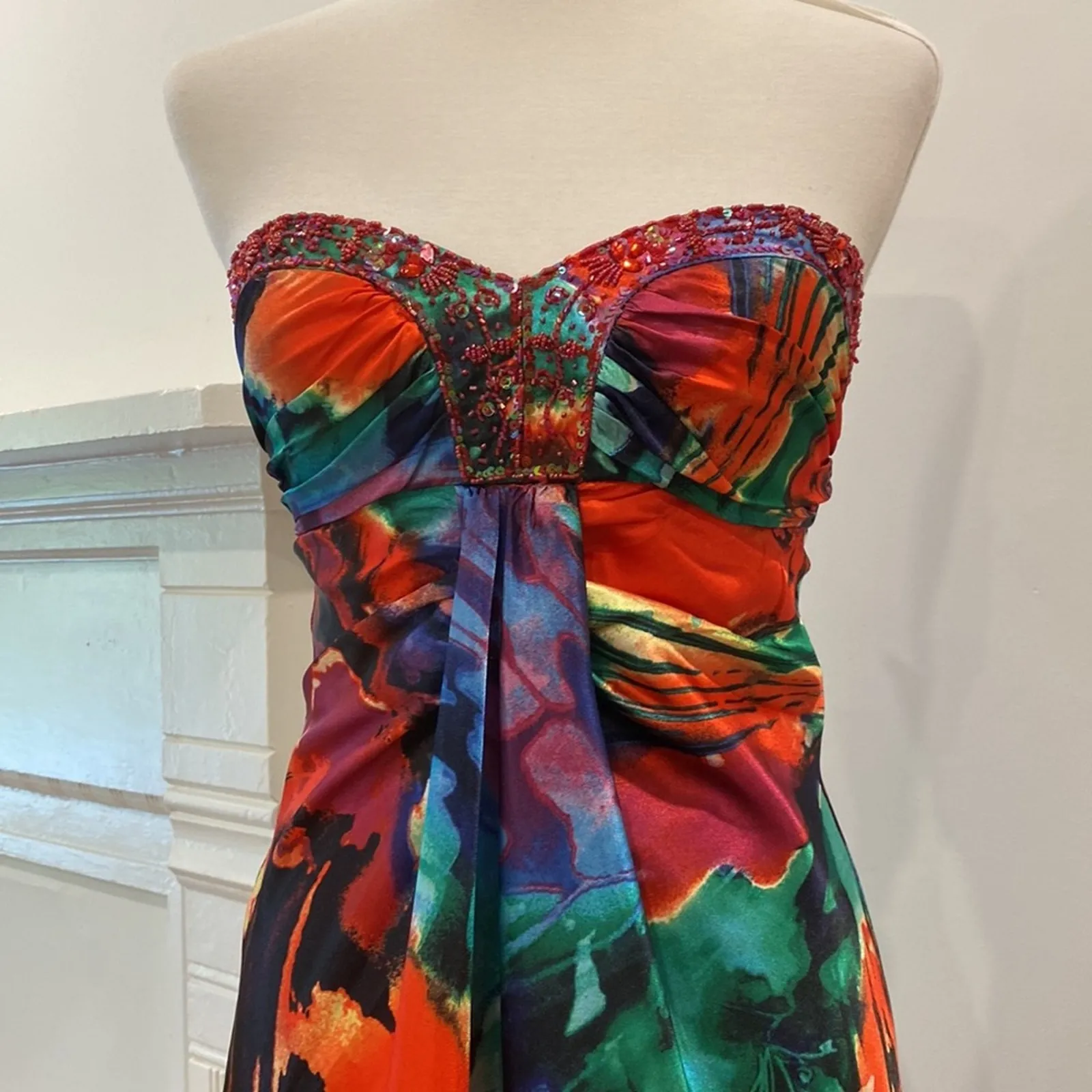 Vintage Formal Dress XS Y2K Strapless Long Gown Tropical Maxi Party Cruise Bead Red - Image 8
