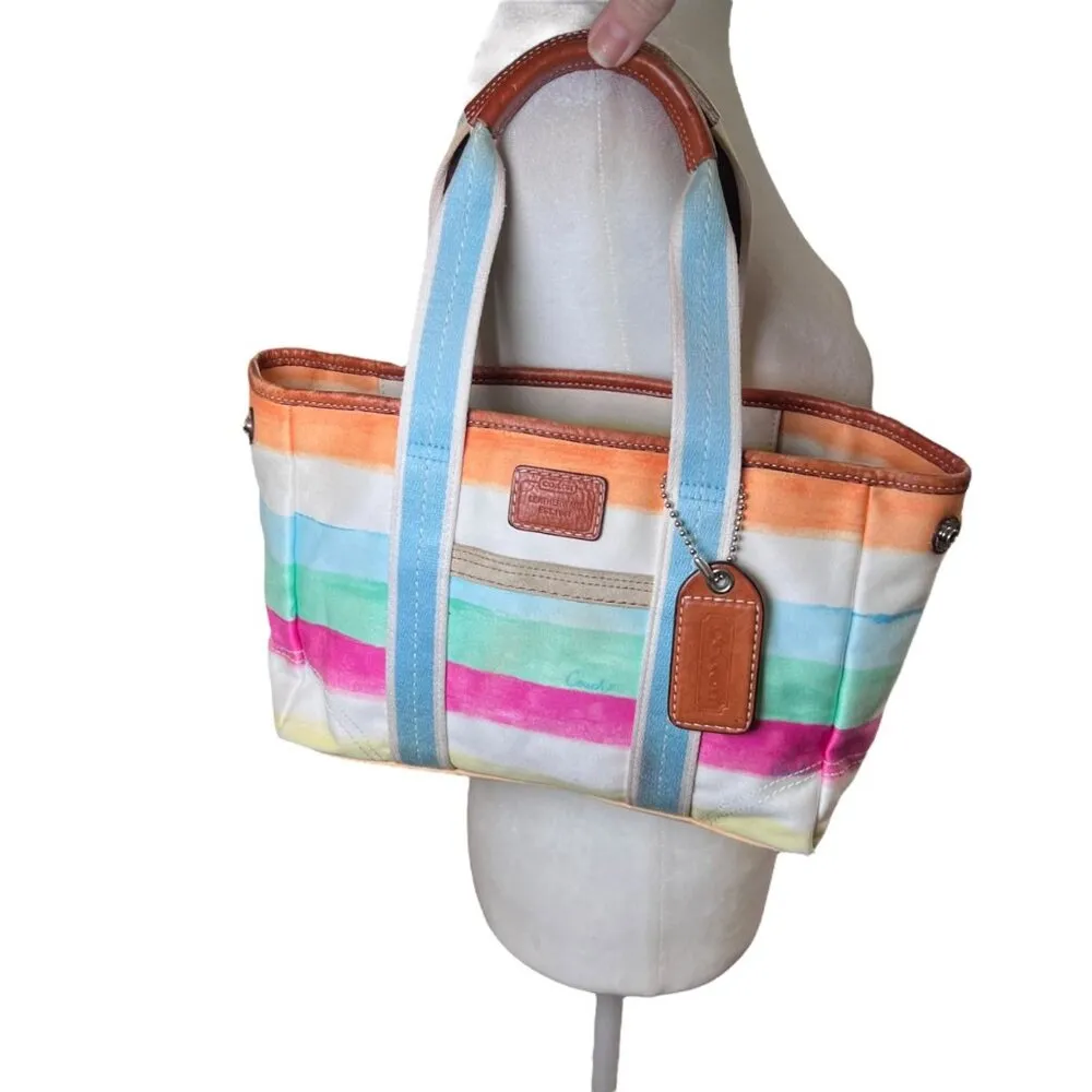 COACH Hampton Watercolor Canvas Leather Handbag Purse Pastel Stripe Colorful S/M - Image 14