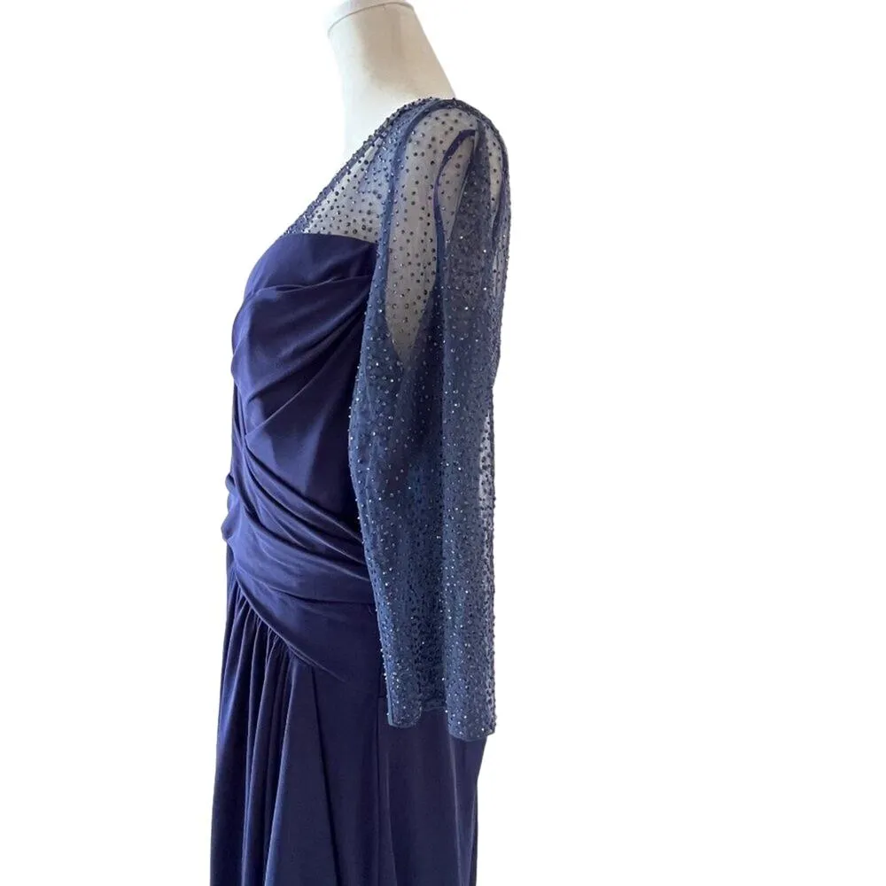 La Femme Beaded Lace Sleeve Pleated Ruched navy blue full length gown size 16 - Image 6