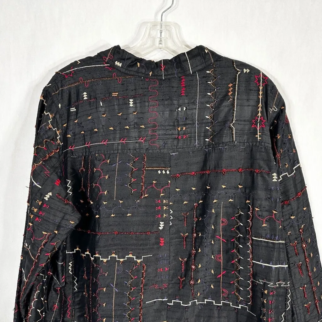 Laura Ashley Size Large Top Beaded Silk Black Embroidered Button Up Blouse 1488 - Image 7