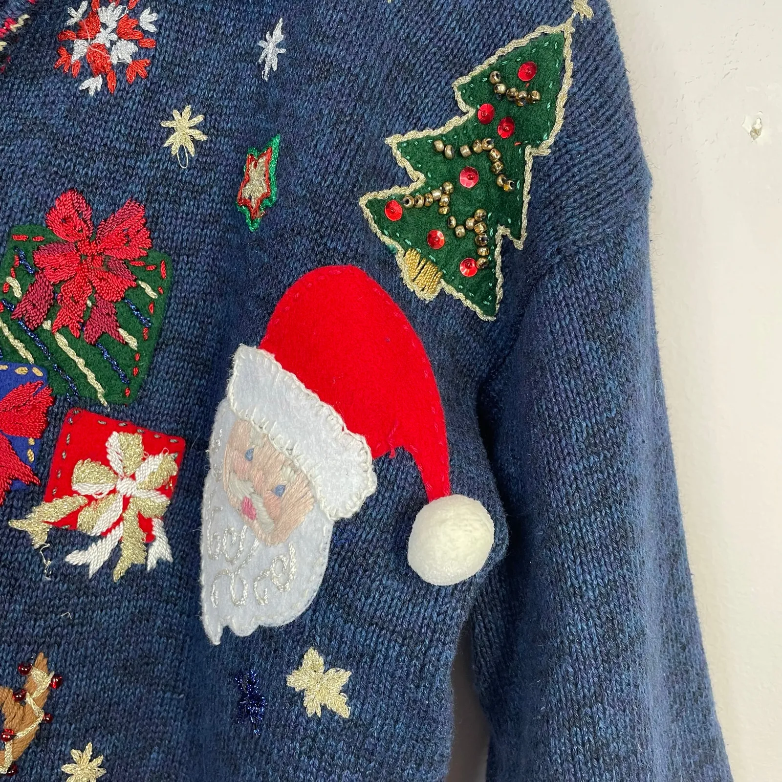 Vintage Tiara Embroidered Beaded Christmas Santa Full Zip Cardigan Sweater S - Image 4