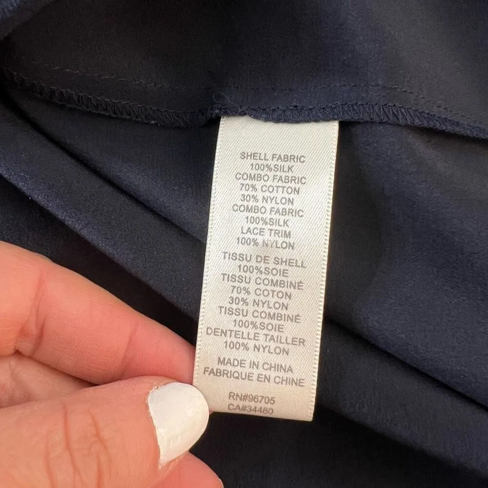 Rebecca Taylor Navy Sarah Tie-Cuff Lace-Trim Silk Crew Neck Long Sleeve Top Sz 0 - Image 10