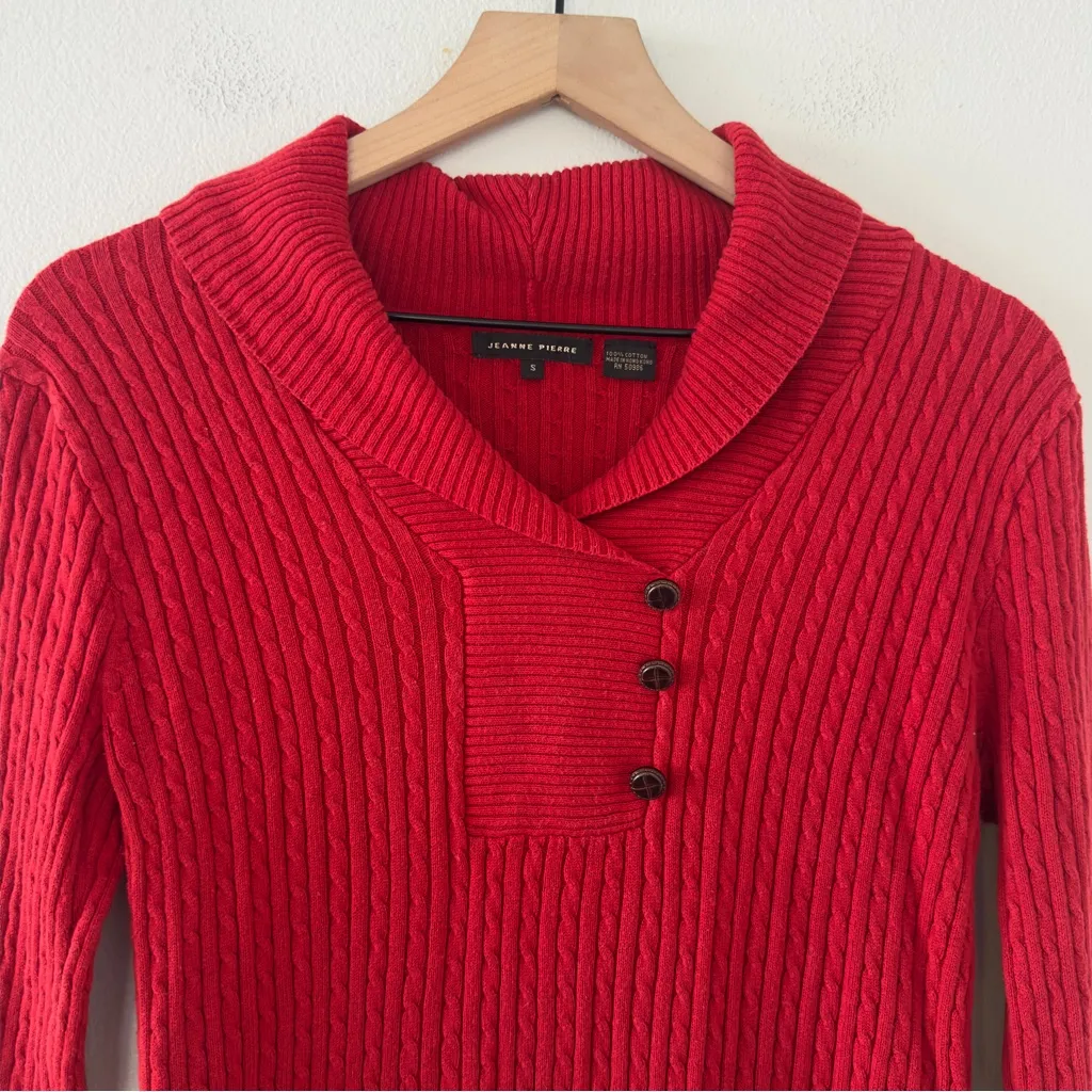 Vintage Jeanne Pierre 100% Cotton Cable Knit Shawl Collar Sweater Fisherman Sz S - Image 2