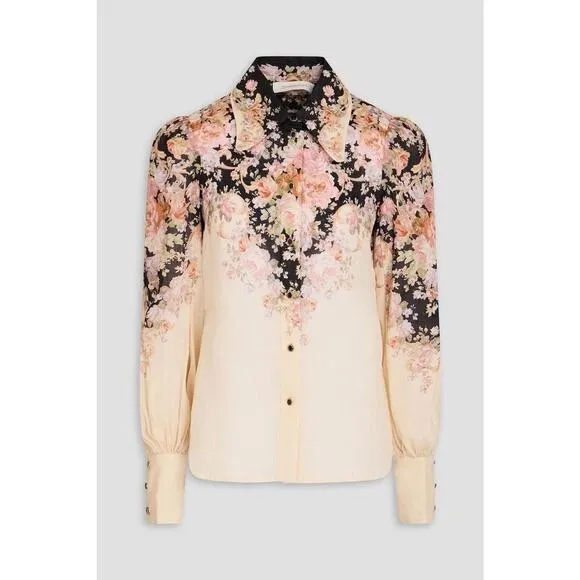 Zimmermann Illustration Body Shirt Linen Black and Cream Floral Blouse AU 1 - Image 3