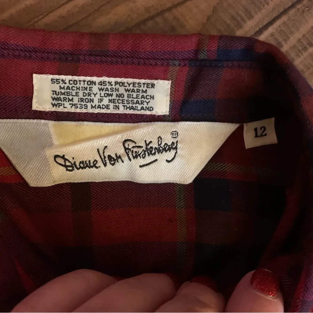 VTG 80s Vintage Diane Von Furstenberg Plaid Flannel Button Down Shirt Size 12 L - Image 7