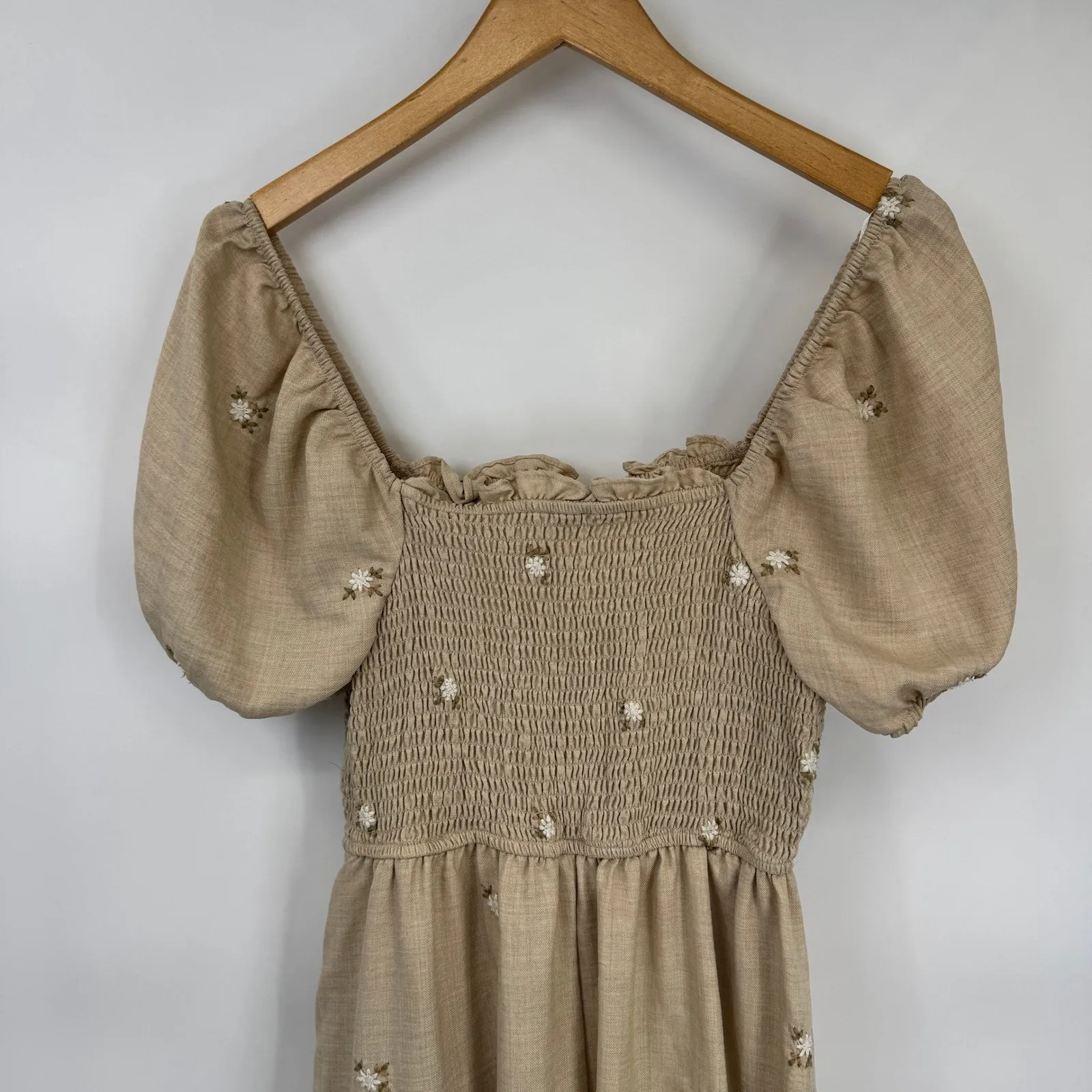 August Sky Milkmaid Prairie Country Dress Womens L Tan Embroidered Cottagecore Size L - Image 10
