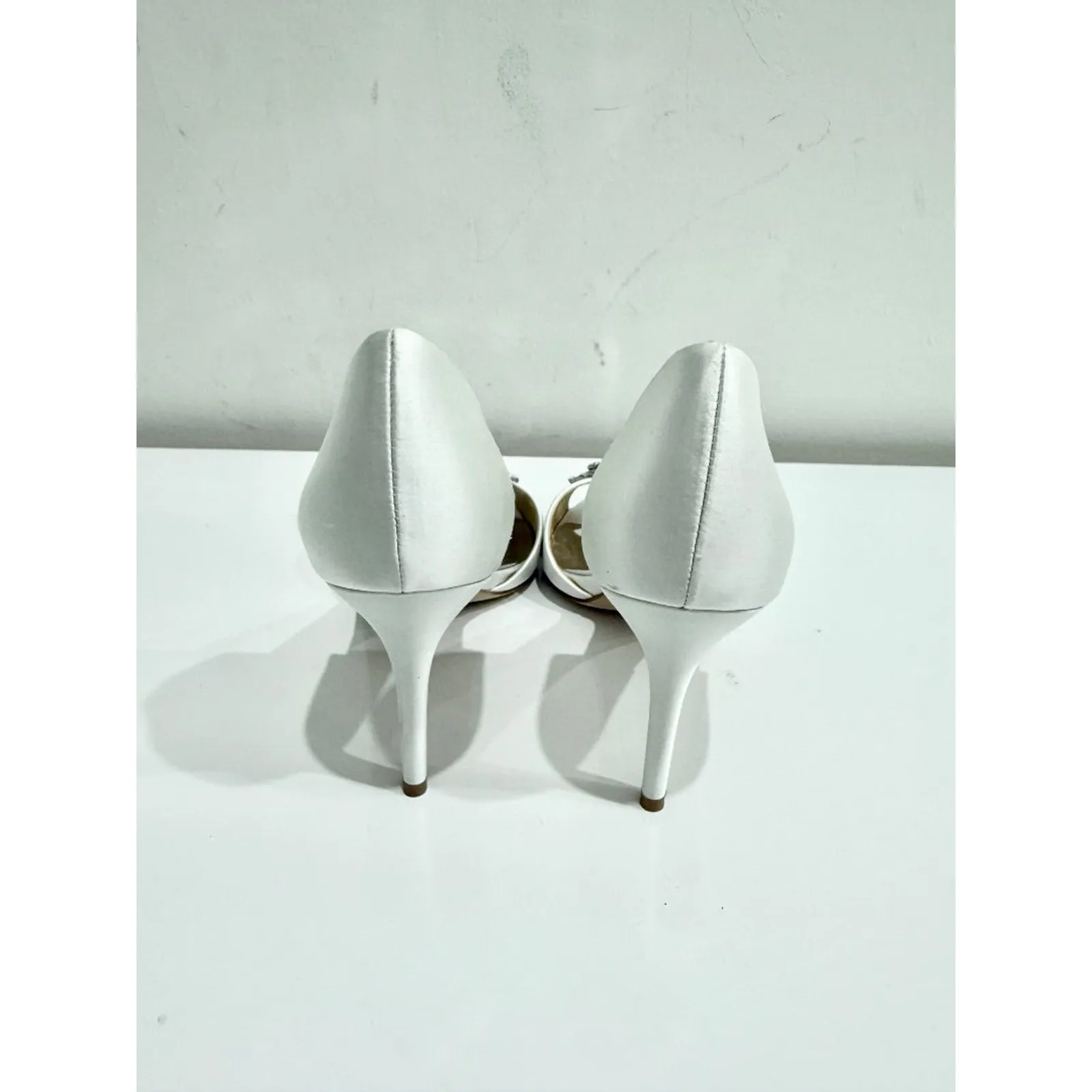 Badgley Mischka Dana Satin Crystal Peep Toe D'Orsay Heels White Women's Size 11 - Image 5