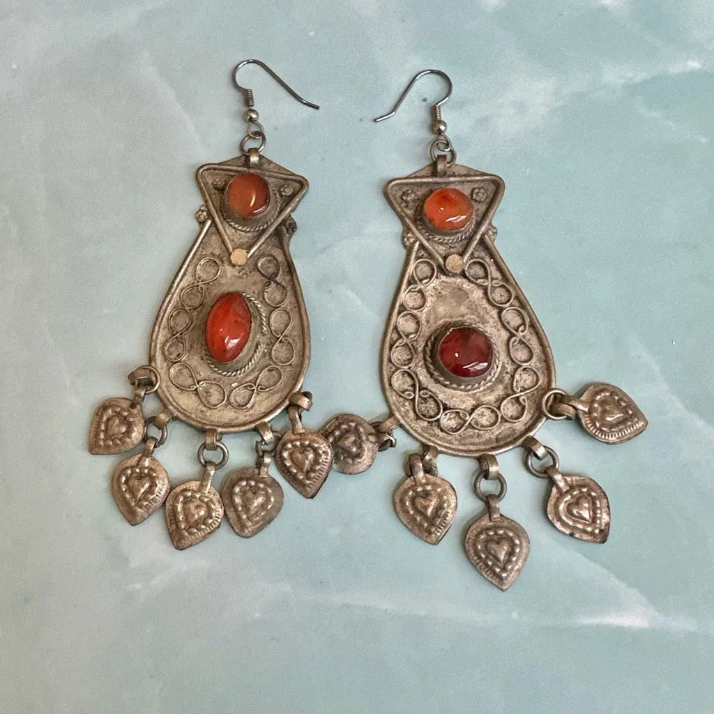 Vintage Tribal Silver Dangle Earrings with Carnelian Stones & Heart Charms - Image 16