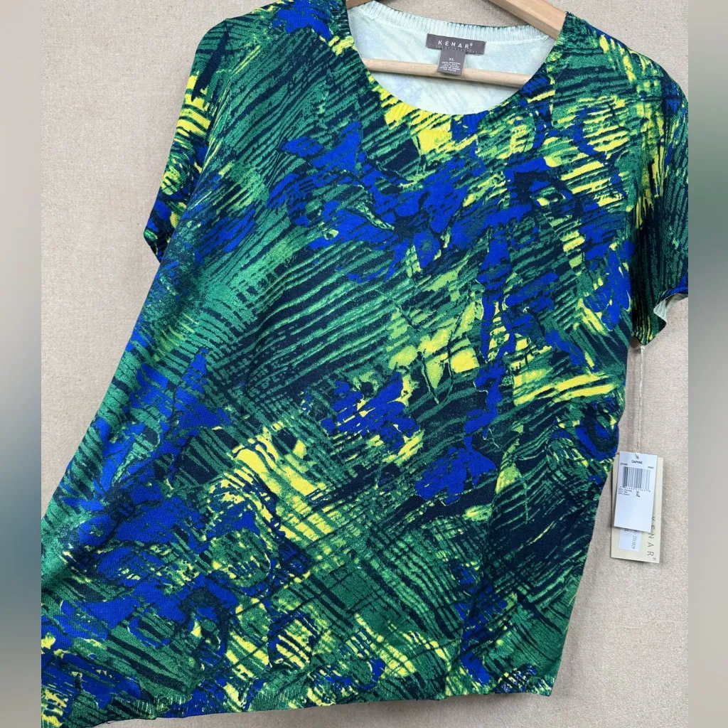 KENAR Blue Green Silk Blend Daphne Knit Top Sz XL Multicolor Print Short Sleeve - Image 3
