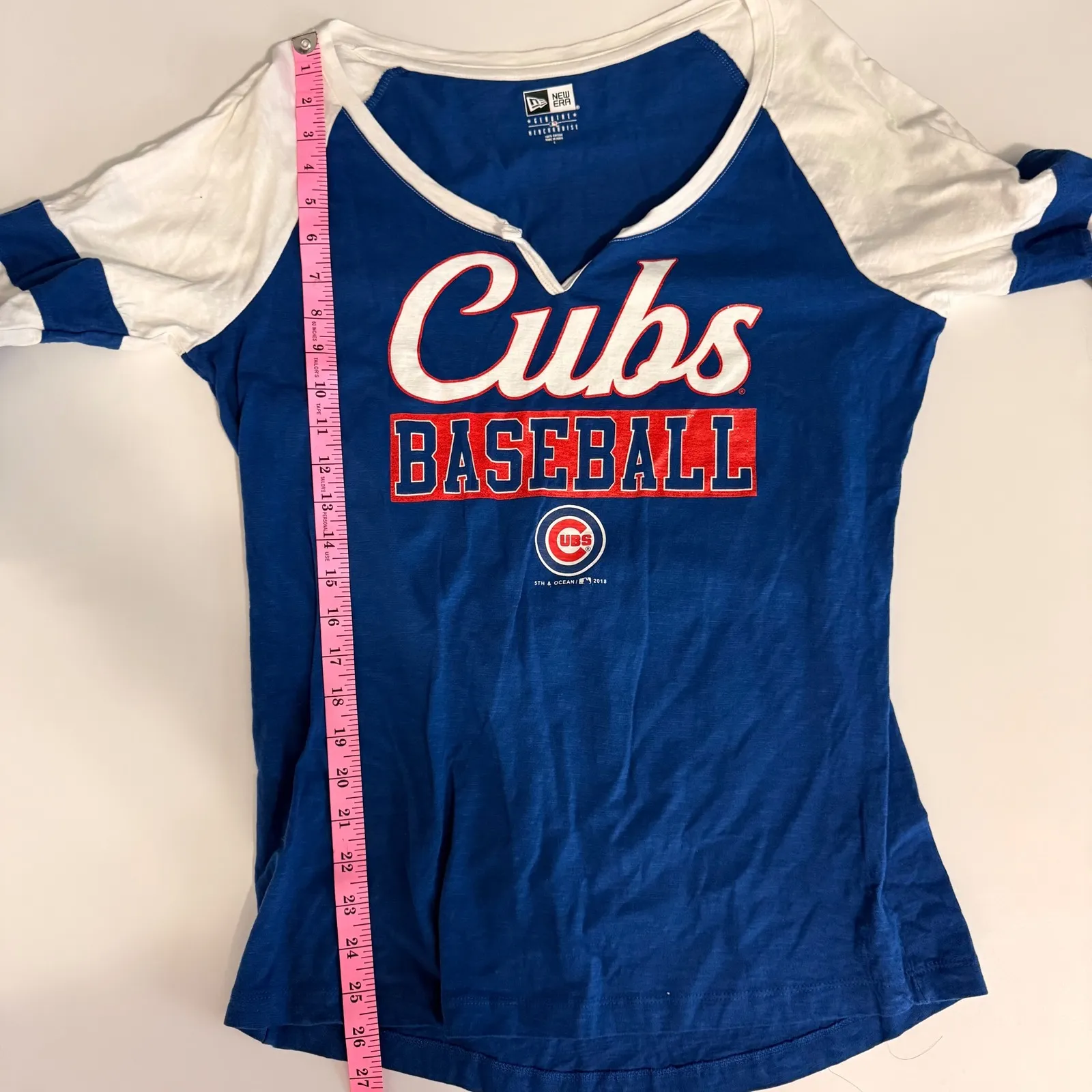 New Era Chicago Cubs Baseball Raglan 3/4 Sleeve V Neck T Shirt Large Blue White - Image 8