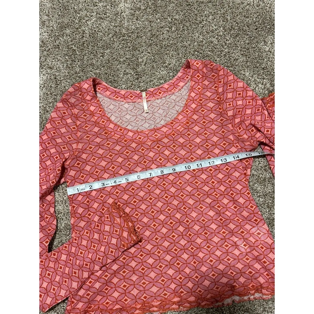 Free People Top Womens M Pink Orange Geometric Mesh Sheer Stretch Scoop - Image 4