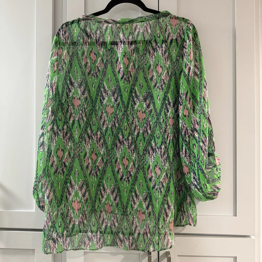 Ya Los‎ Angeles Silk Blend Sheer Button Up Blouse with Tie at Neck Green Print - Image 2