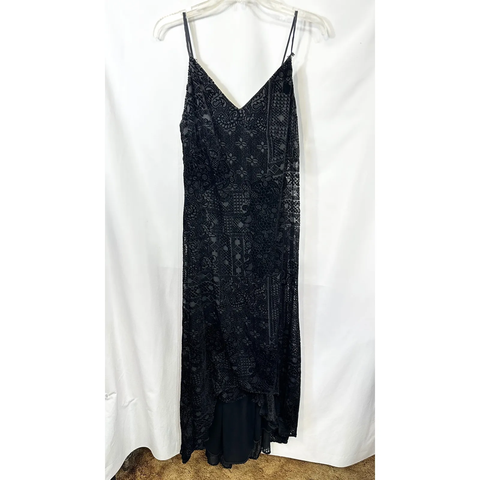 Onyx Nite 6 Dress Black Velvet Burnout‎ Hi Lo Spaghetti 90s Y2K Grunge Goth 1341 - Image 7