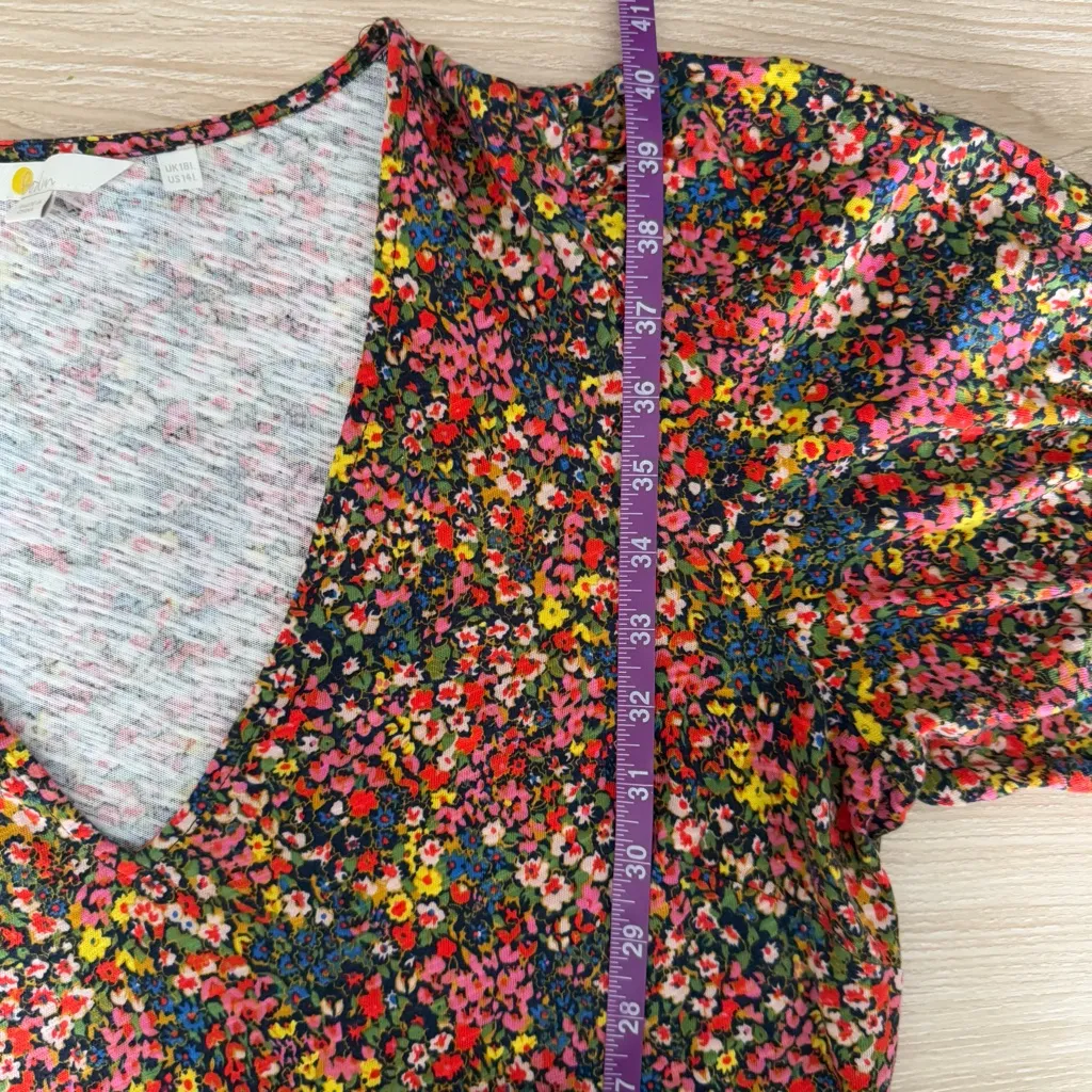 Boden 14 V Neck Jersey Dress Gardenia Petal Colorful Floral Puff Short Sleeve Pink - Image 9