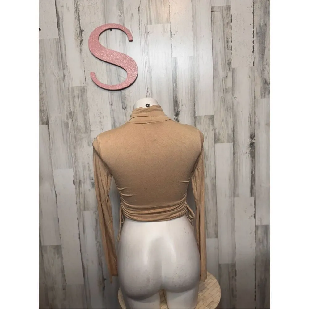 Forever 21 Tan Ruched Cutout Turtleneck Long Sleeve Crop Top Women’s Size Small - Image 6