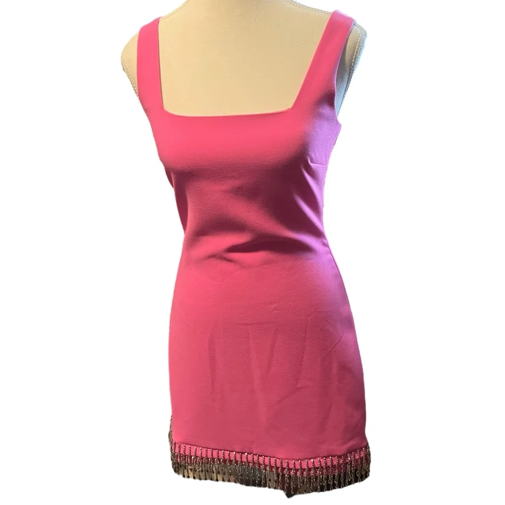 LIKELY Women's 0 Katie Cocktail Dress Pink Square Neck Beaded‎ Sparkle Fringe - Image 2