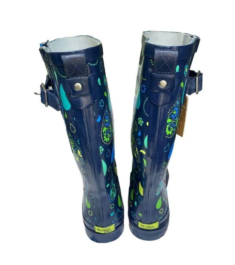 Western Chief Women's Size 10 Rubber Rain Boots Navy Blue Pouring Paisley NWT - Image 3