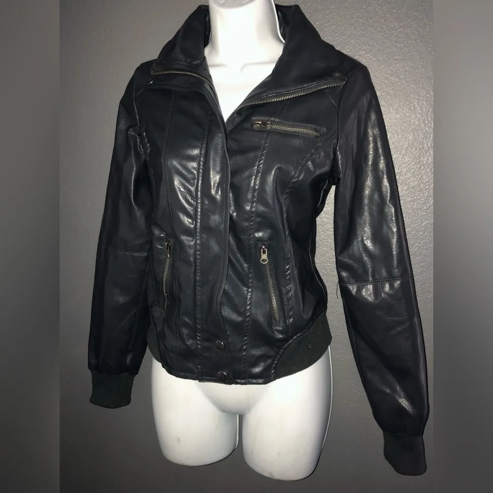 Miss London Black Faux Leather Bomber Coat Biker Jacket Women’s size Small - Image 4