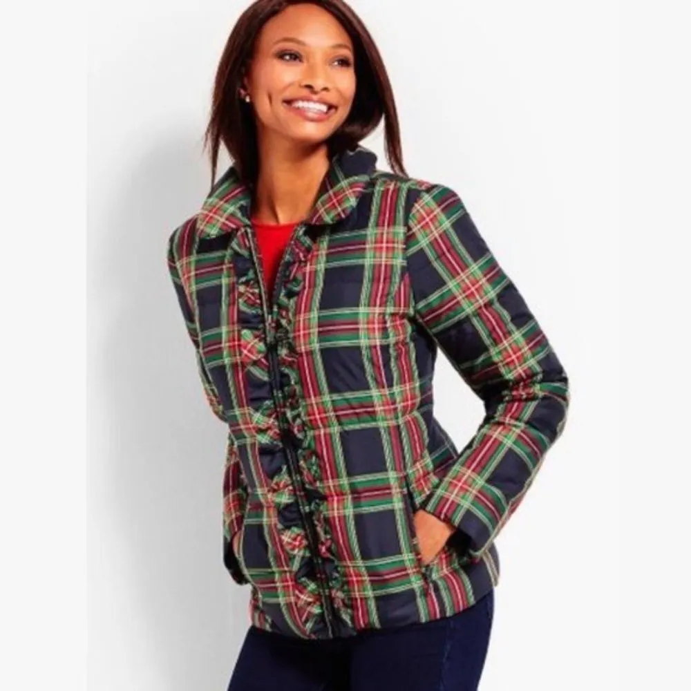 Talbots Plaid Tartan Ruffled Down Winter Coat Red Blue Green XS - Image 15