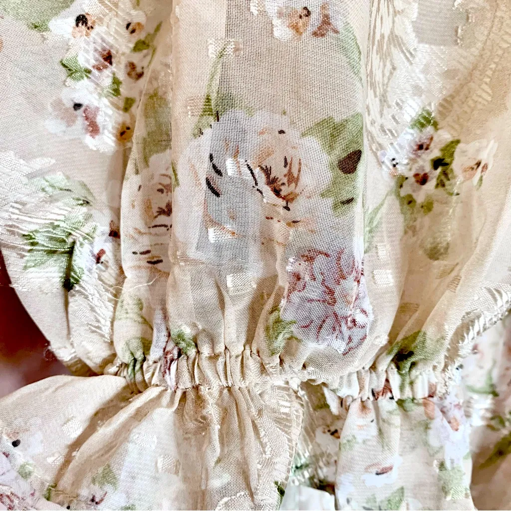 Arula Tan Beige & Green Floral Shimmer
Print Sheer Babydoll Maxi Dress. - Image 5