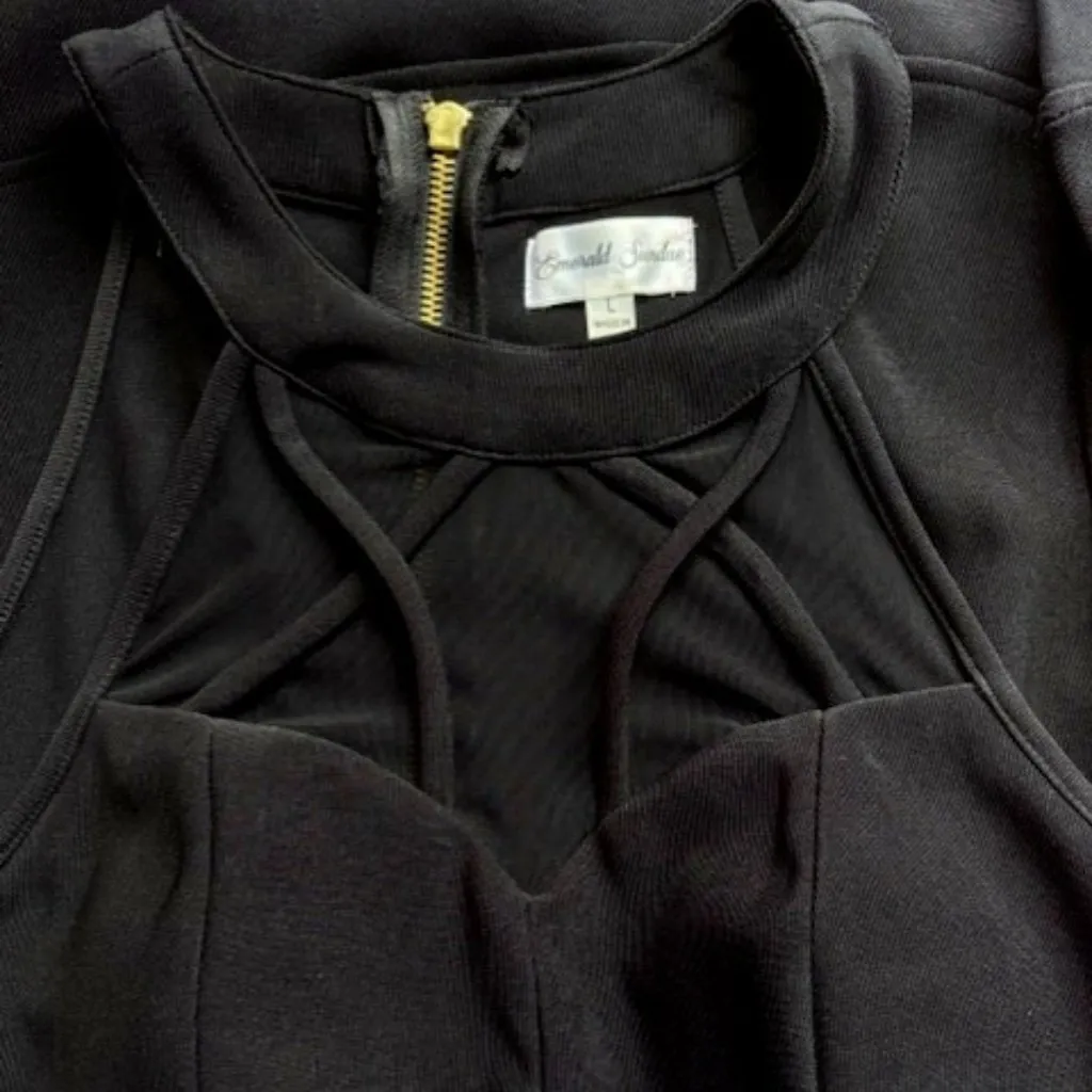 Emerald Sundae Dress Women Junior L Black Mesh Cutout Halter Sexy Swing Gold Zip - Image 3