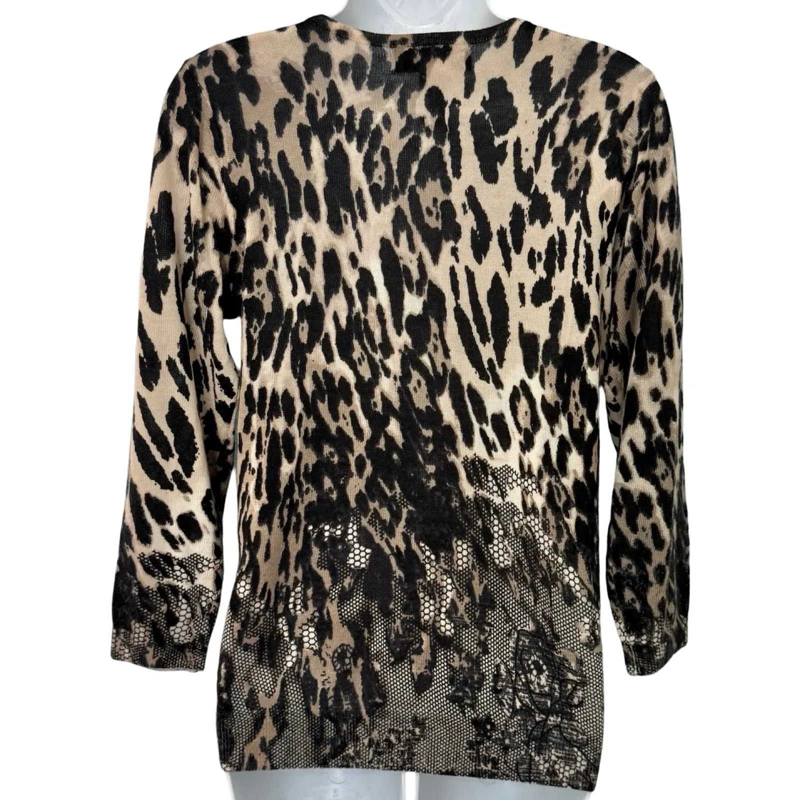 Vintage Leopard Print Lace Crew Neck Brown Black Rhinestone Knit Sweater size S - Image 5