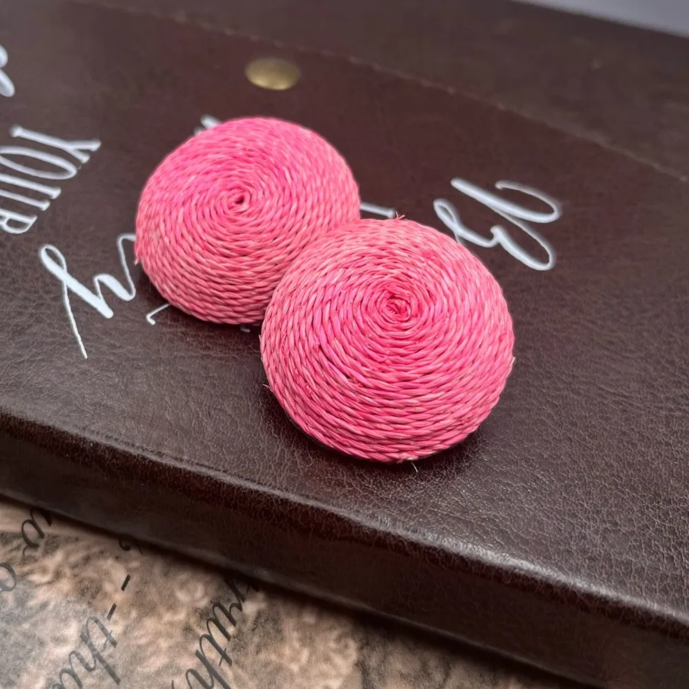 Handcrafted Oversized Pink Swirl Woven Round Disc Stud Earrings - Image 8