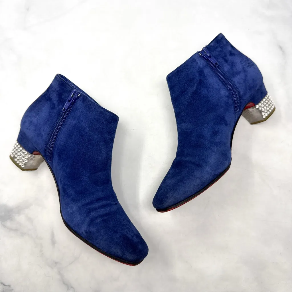Christian Louboutin Gloria Booty 45 Suede Embellished Heel Ankle Boots Blue 35 - Image 5